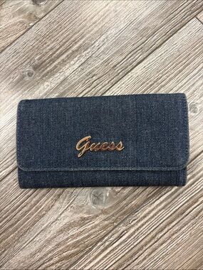 Guess Dark Blue Denim Fold-Over Wallet with Gold Logo